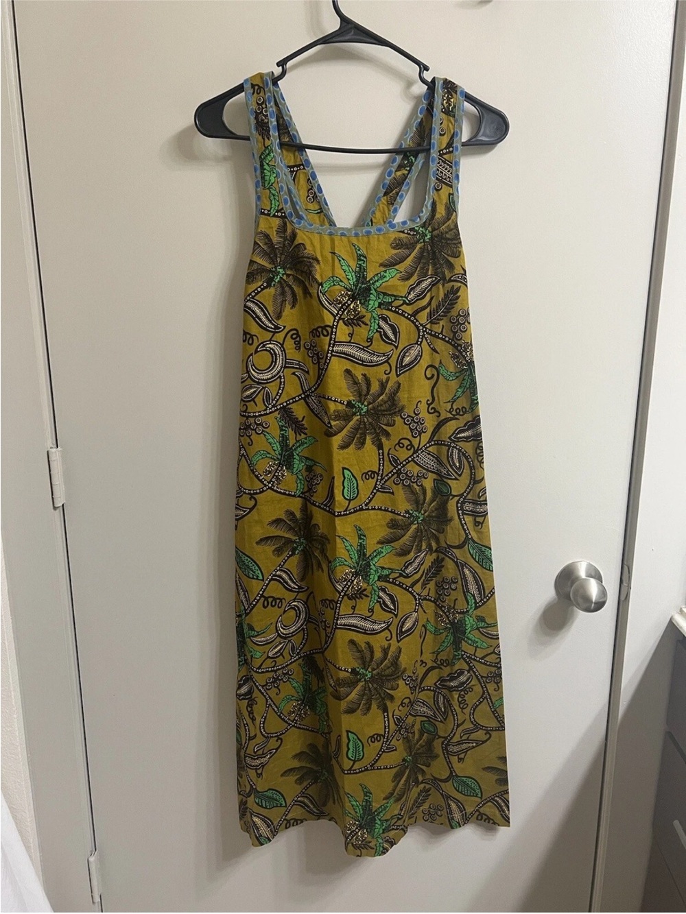 Olive Green Tropical Print Midi Dress with Palm Motif